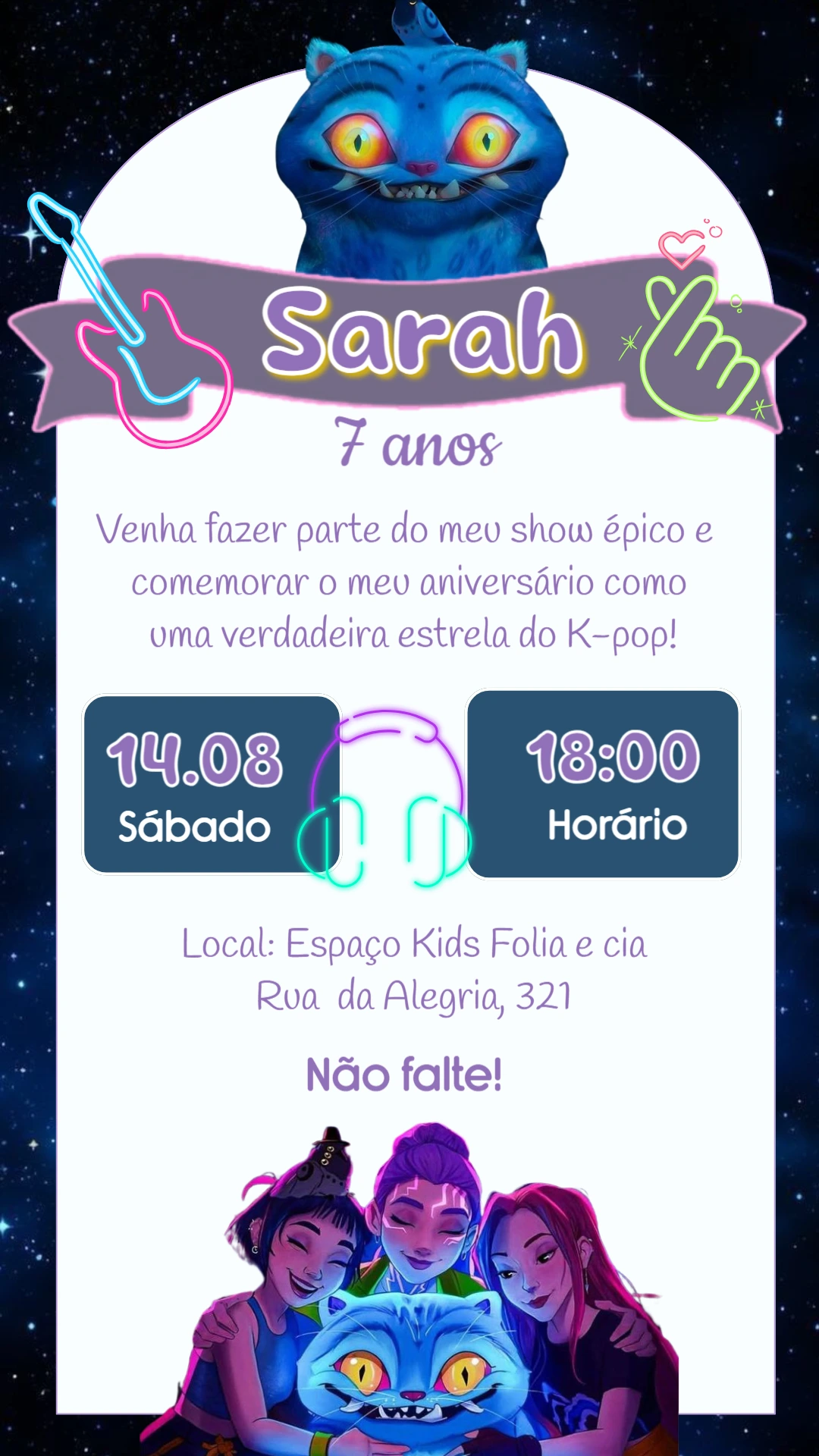 Convite Aniversário K-Pop Guerreiras para Editar Online