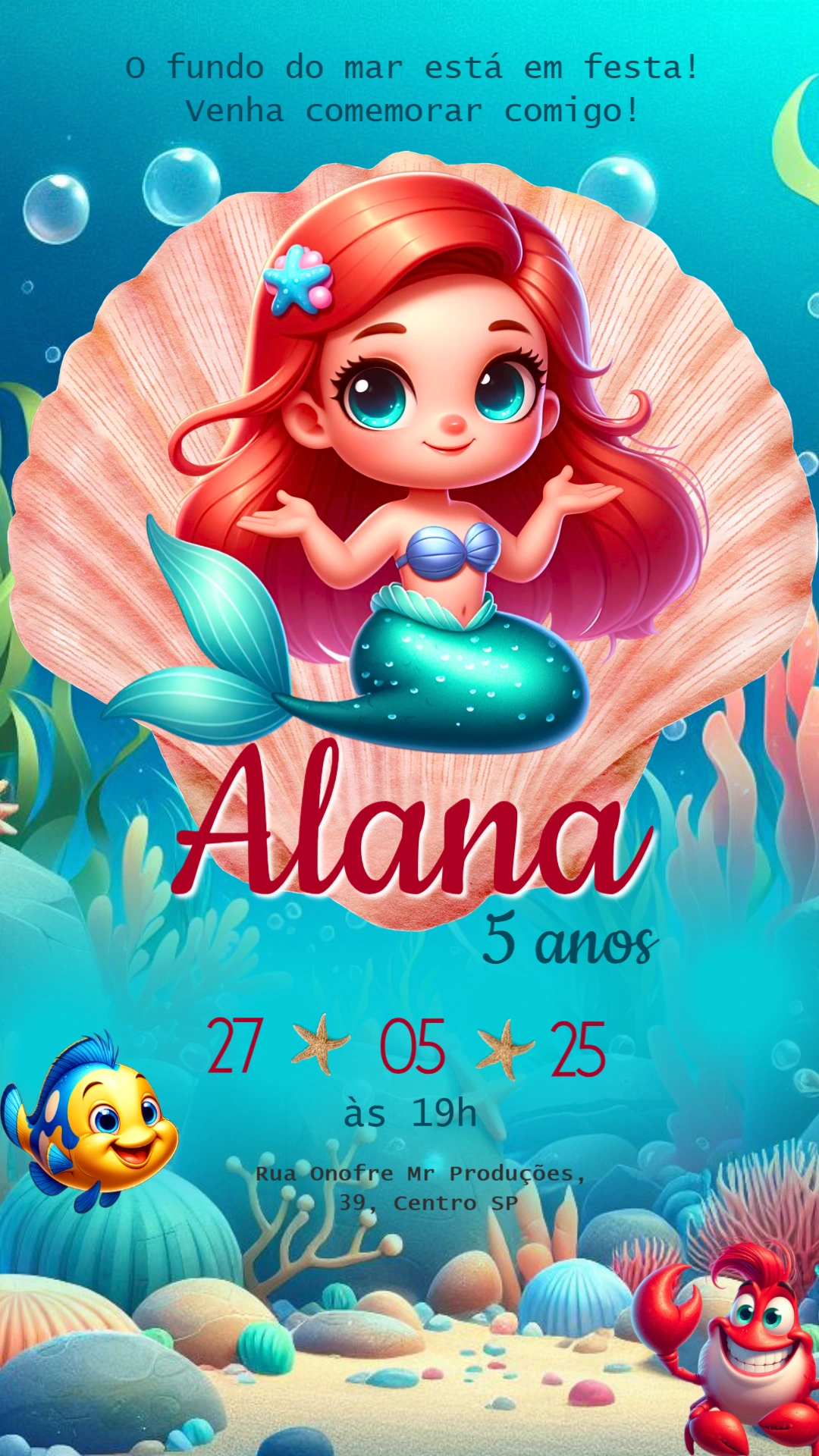 Convite Aniversário Pequena Sereia Ariel para Editar Online