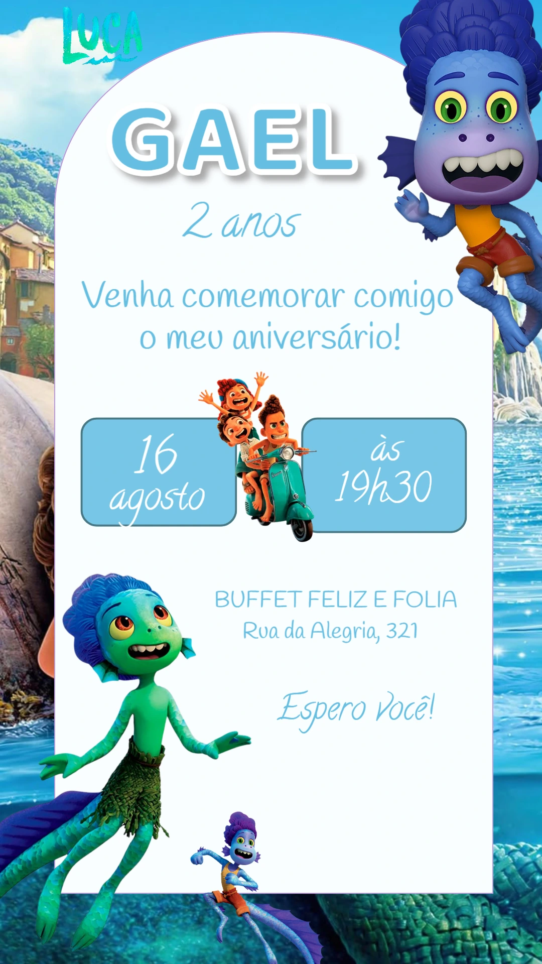 Convite de Aniversário Luca com Personagens para Editar Online