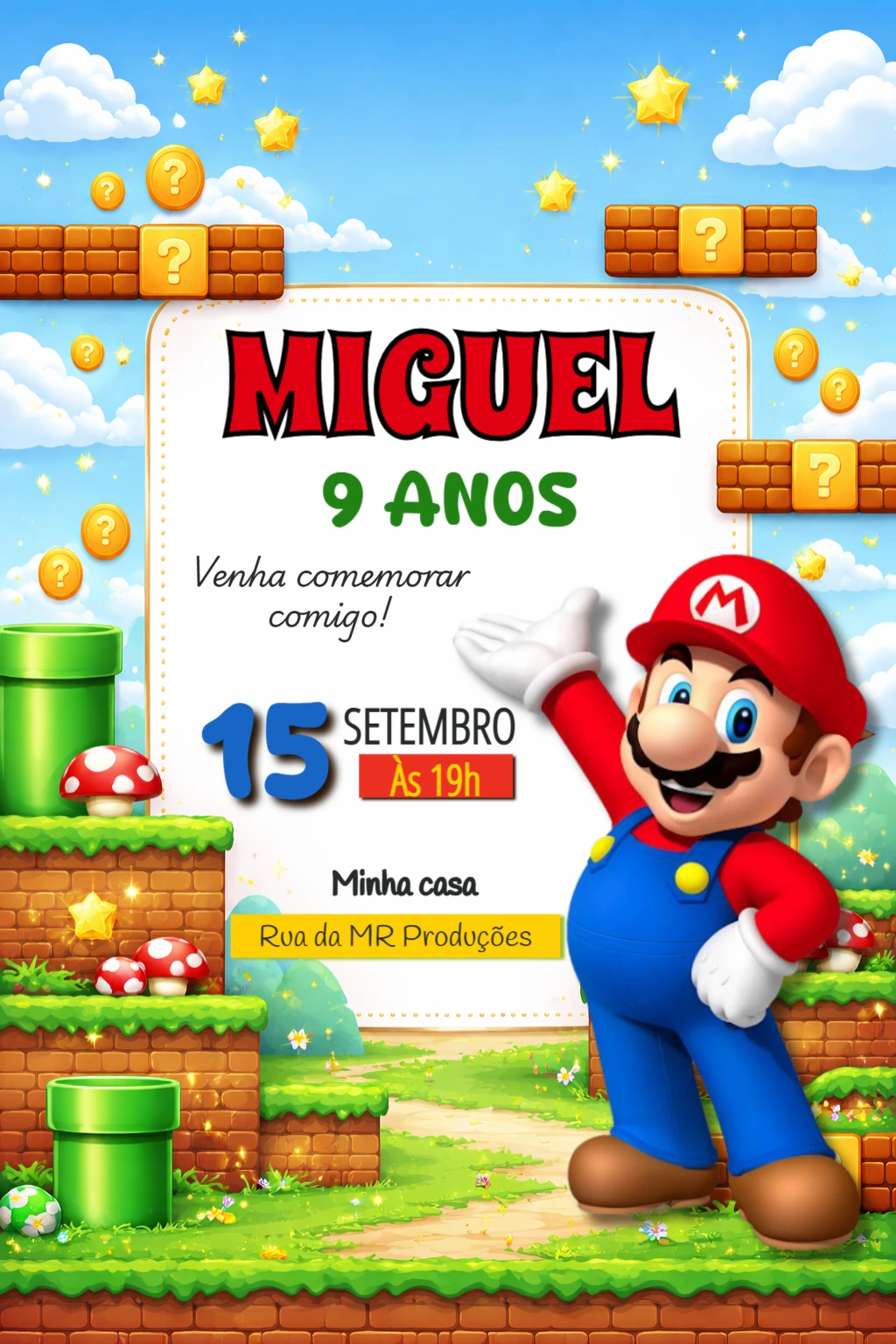 Convite Digital Aniversário Infantil Tema Super Mario Editável