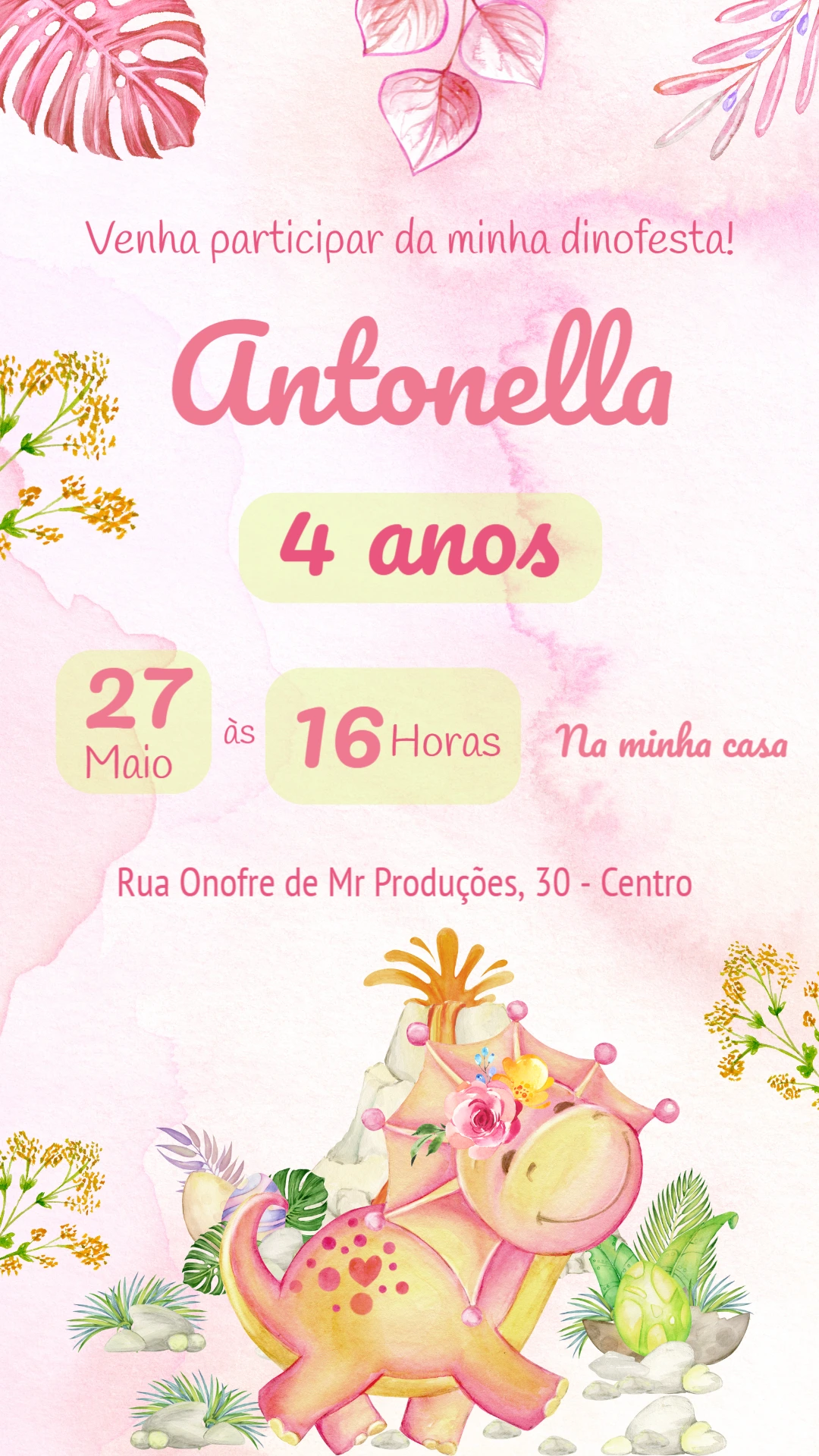 Convite de Aniversário Dino Baby Menina para Editar Online