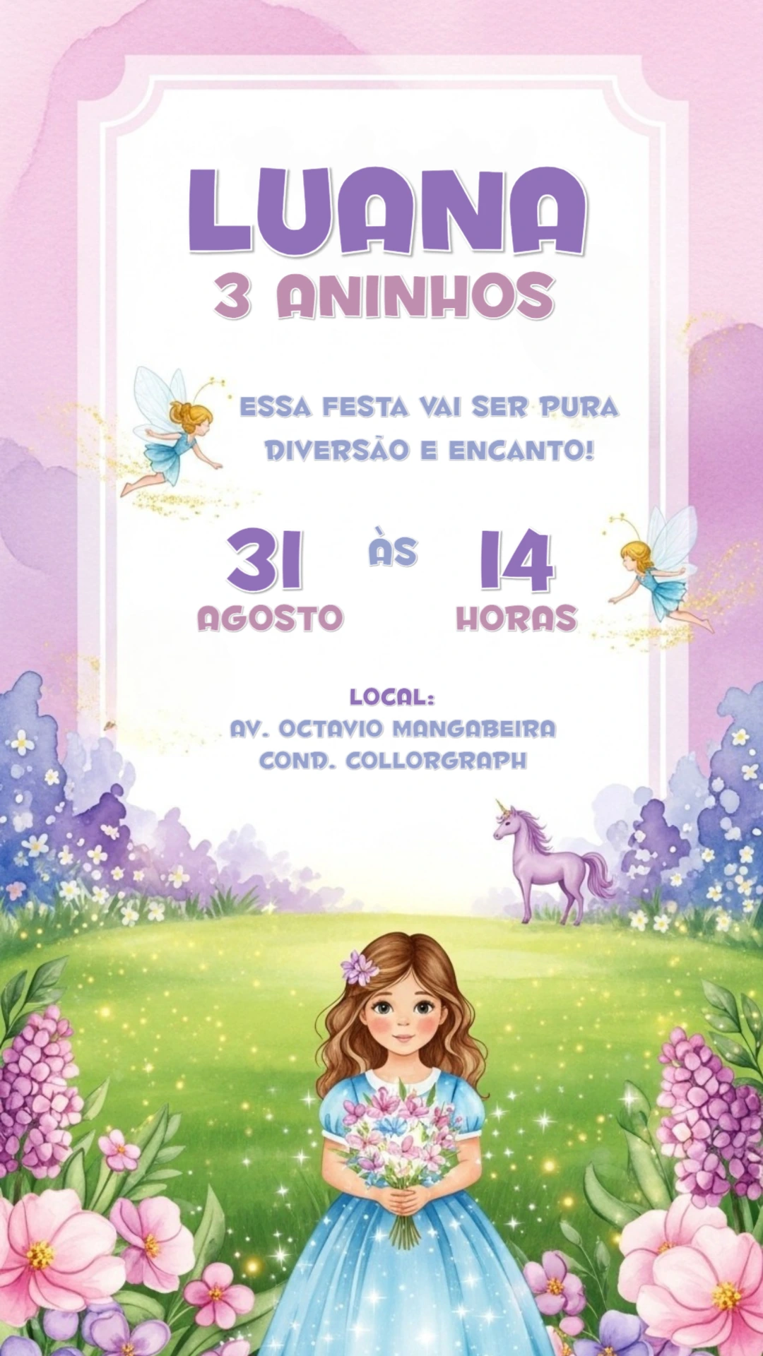 Convite de Aniversário Jardim Encantado com Fadas para Editar