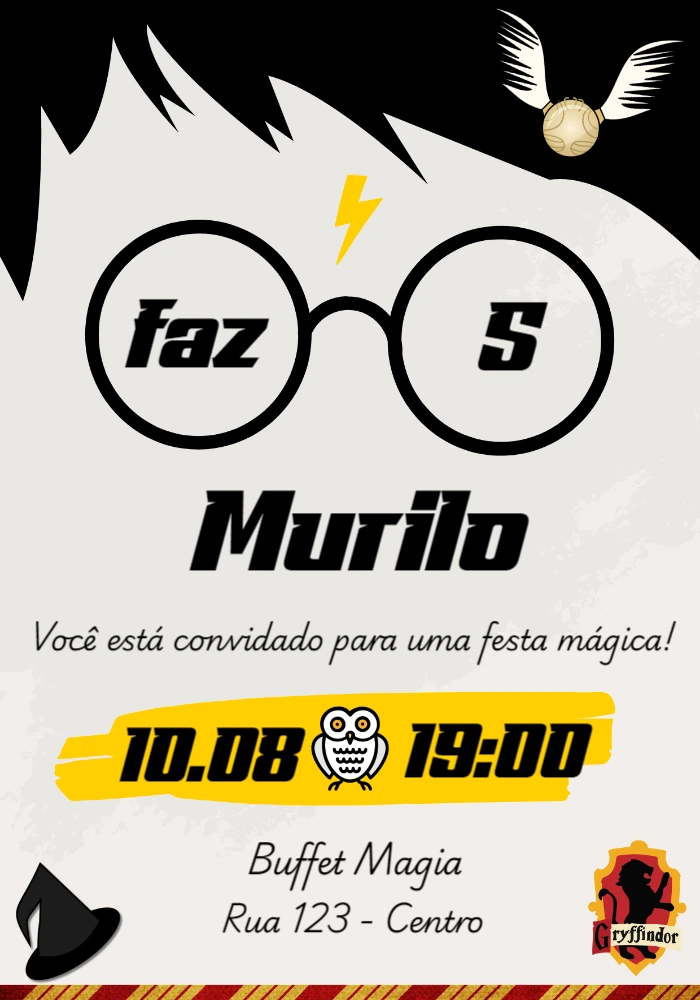 Convite de Aniversário Harry Potter para Editar Online