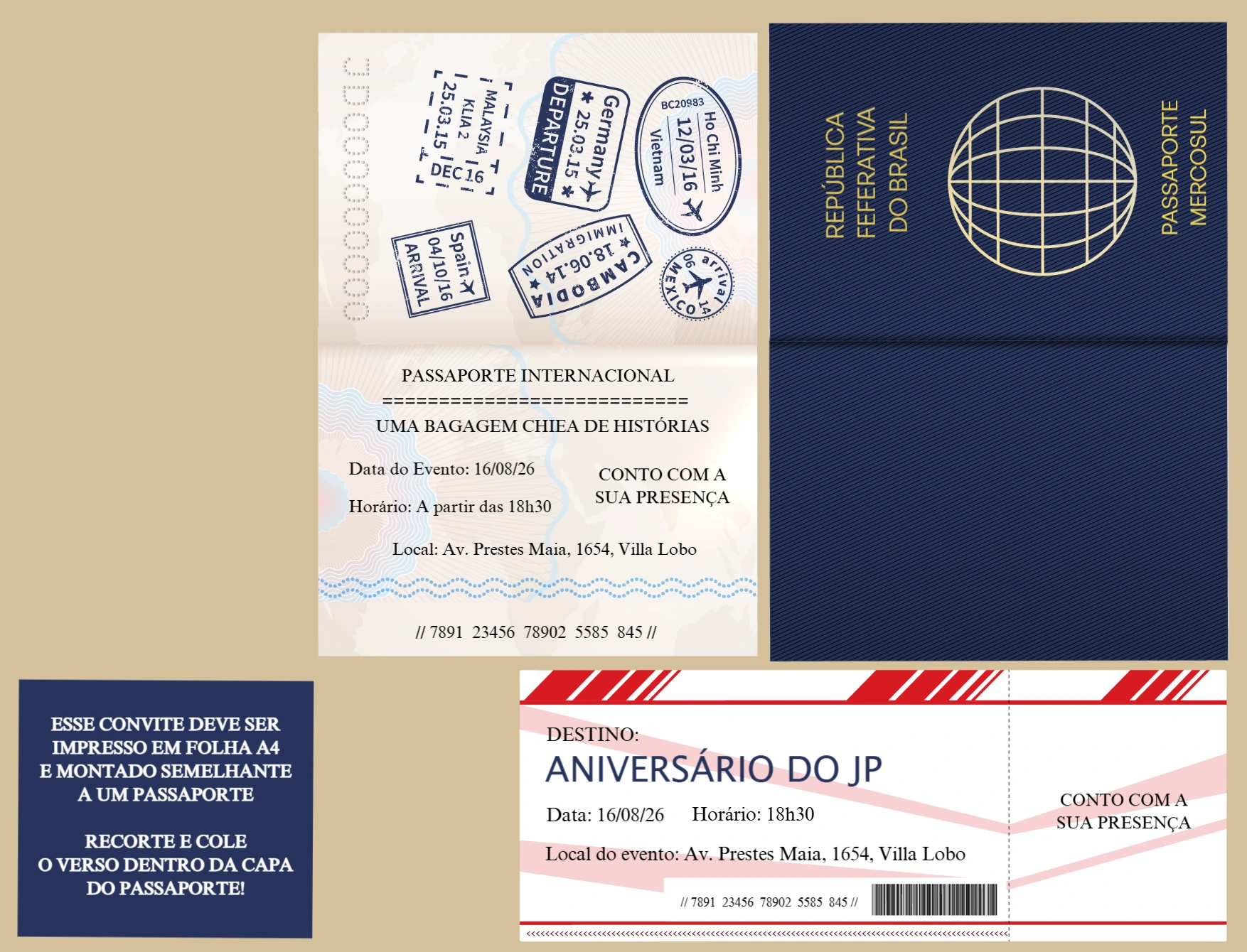 Convite de Aniversário Criativo Tema Passaporte Editável