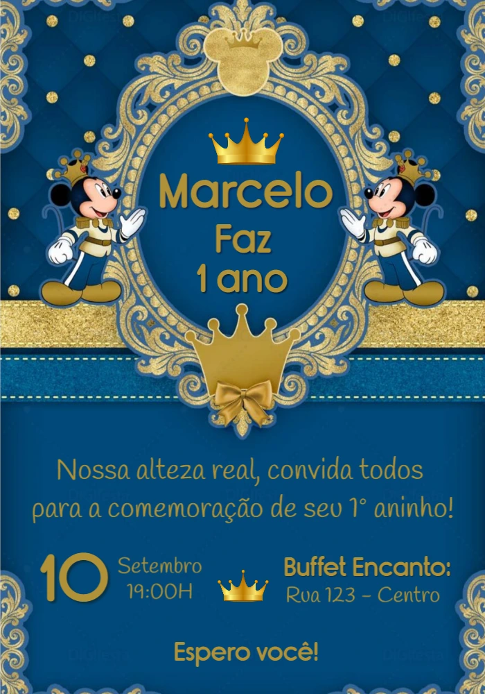 Convite Aniversário Mickey Realeza Príncipe para Editar Online