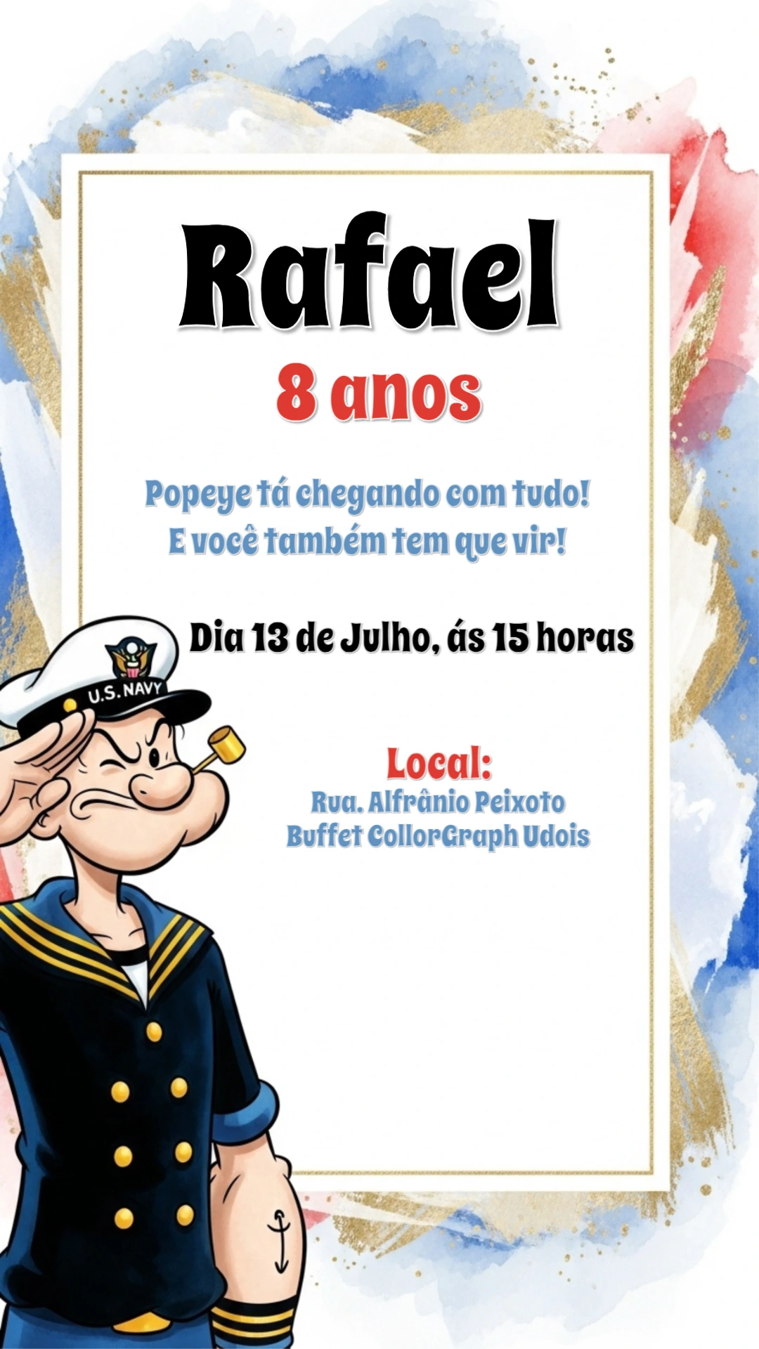 Convite de Aniversário Popeye para Editar Online