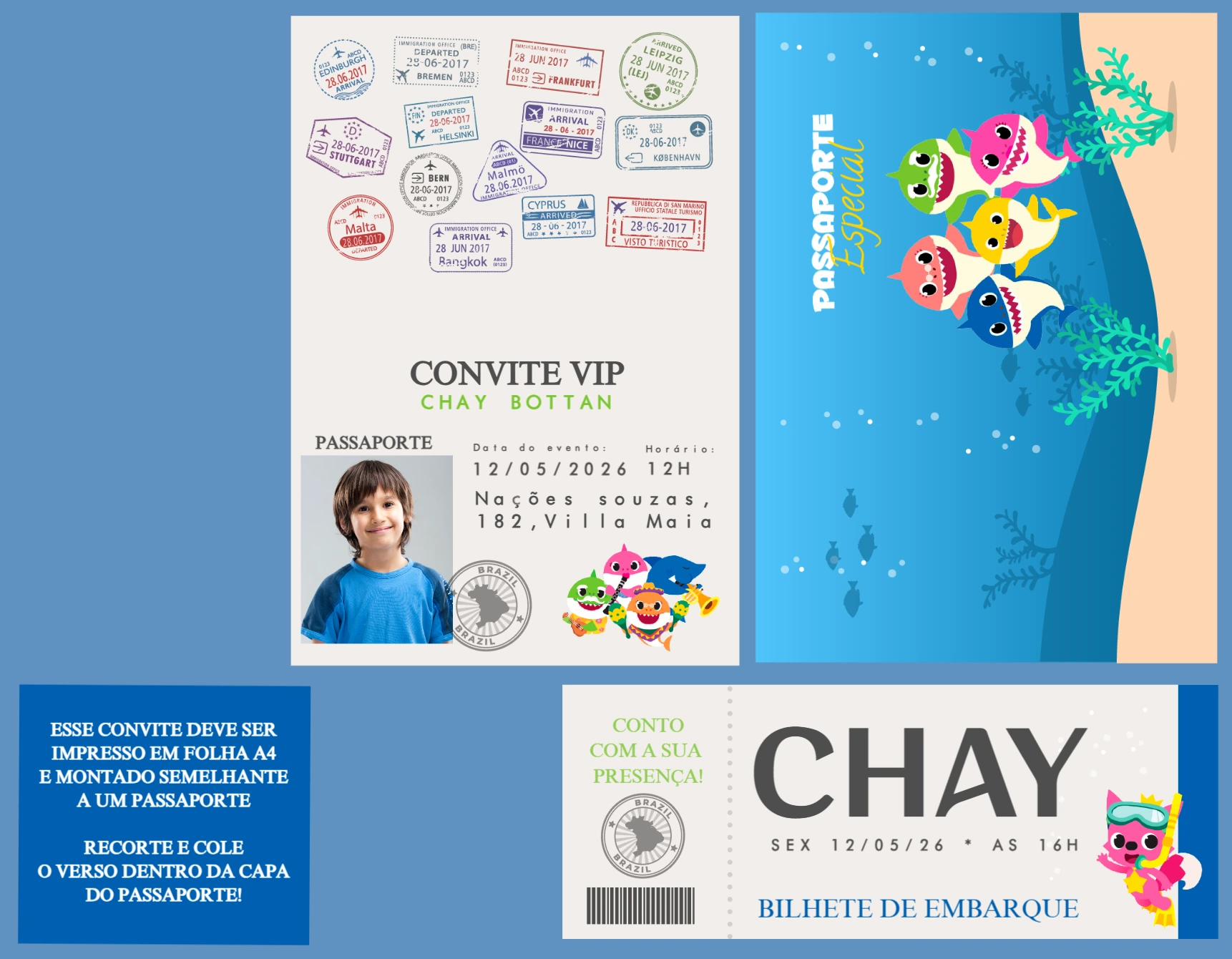 Convite de Aniversário Baby Shark Passaporte Editável