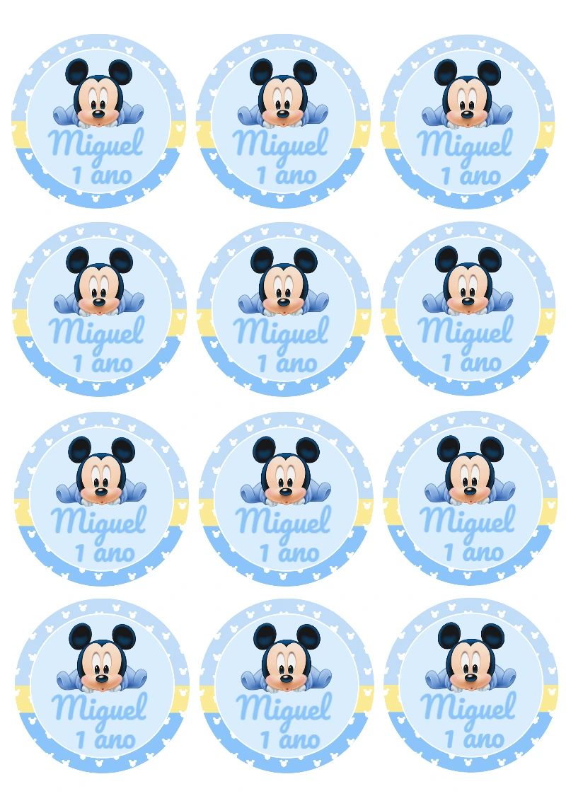 Adesivo Redondo Aniversário Mickey Baby para Editar Online