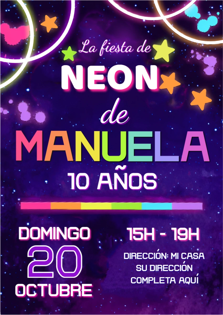 Invitación de Cumpleaños Neón Brillante para Editar
