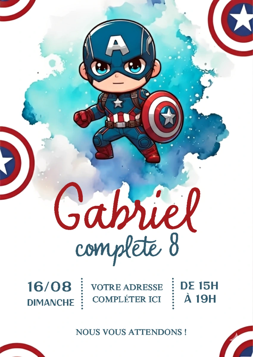 Invitation Anniversaire Captain America à Modifier en Ligne