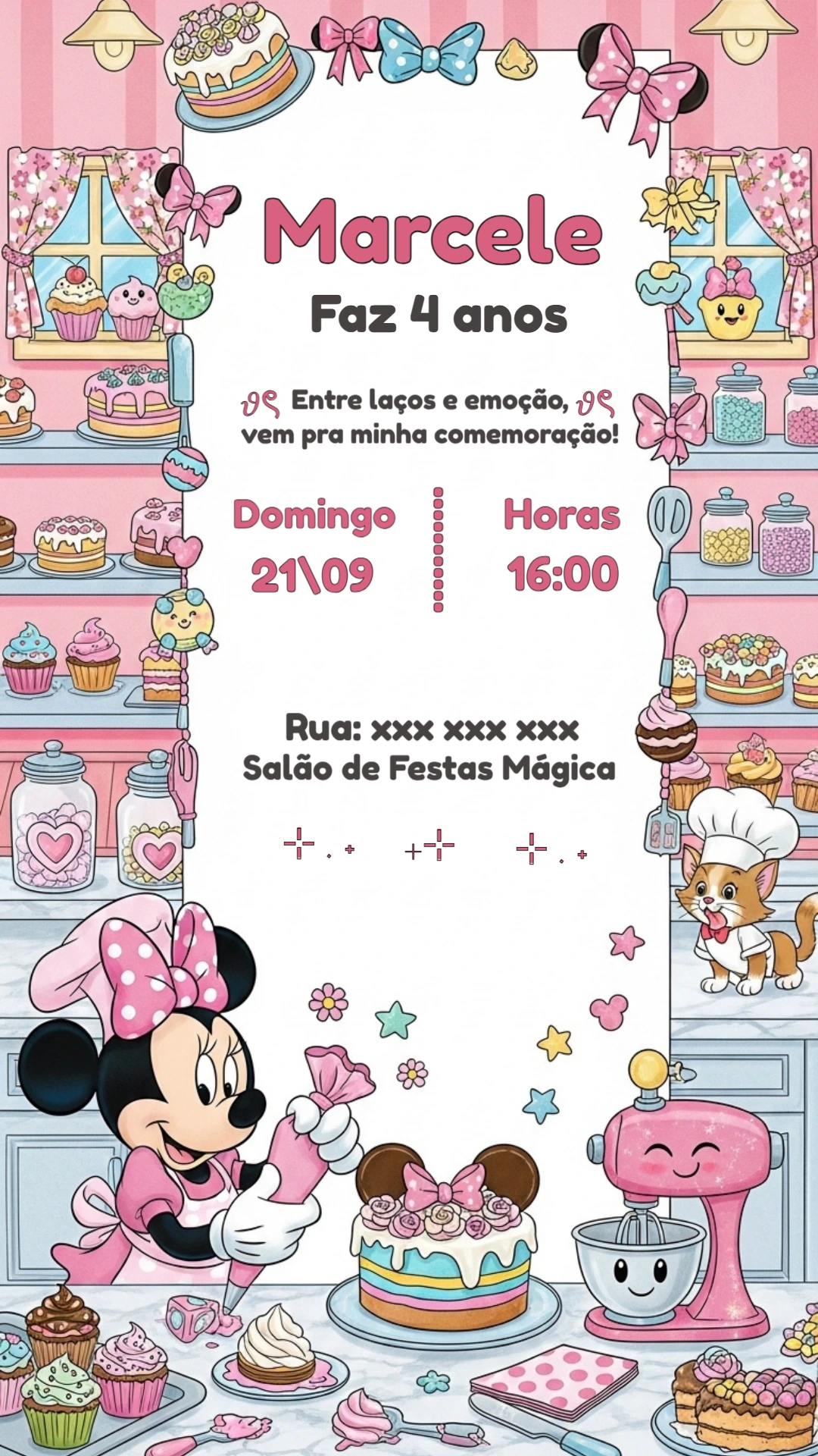 Convite Aniversário Minnie Confeiteira para Editar Online