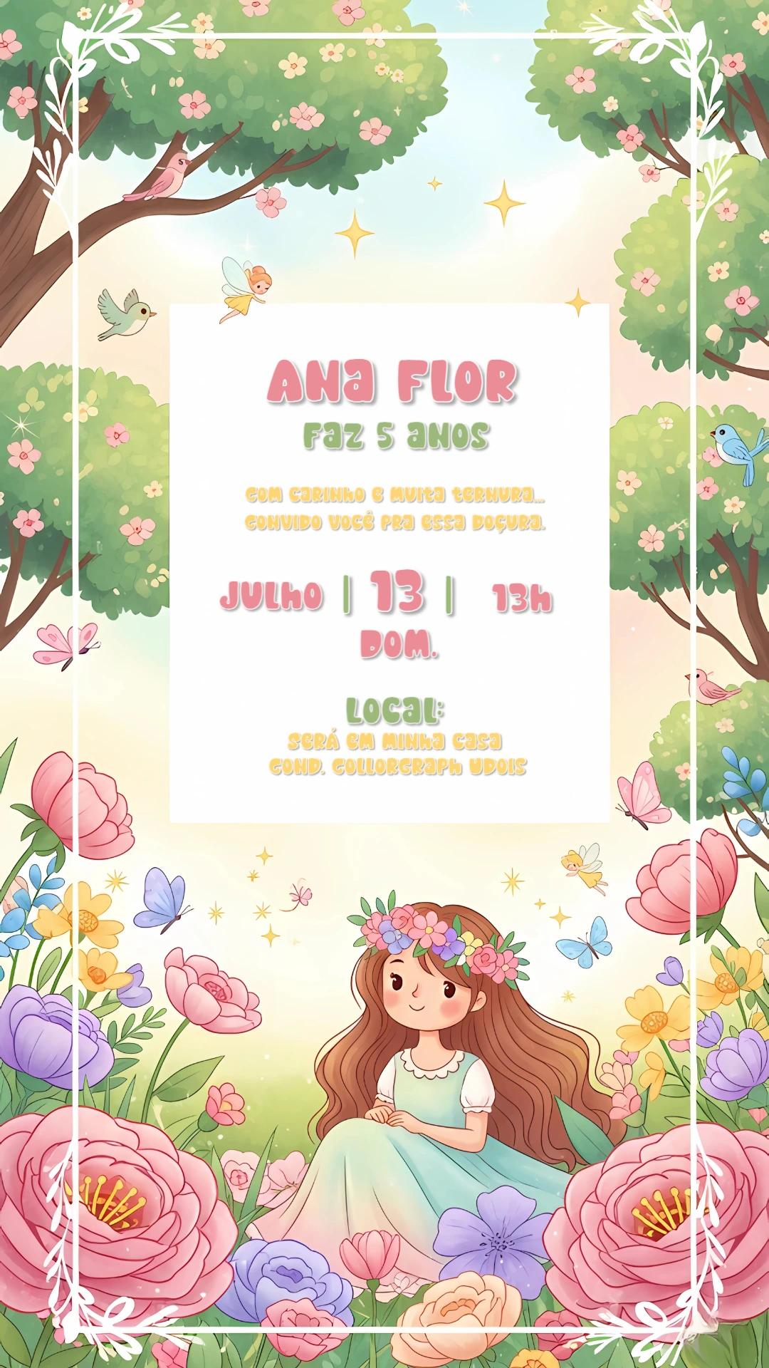 Convite Aniversário Jardim Encantado com Fada para Editar Online