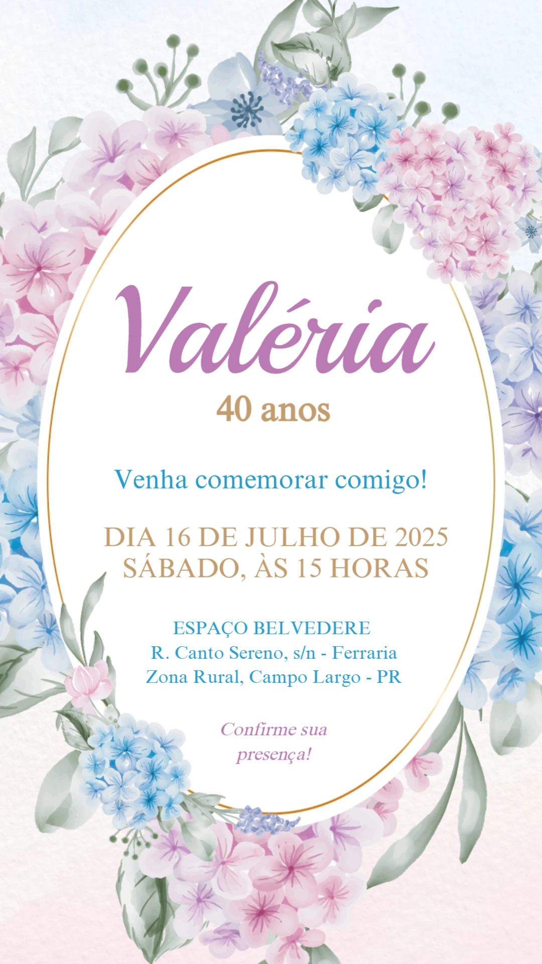 Convite de Aniversário Floral Hortênsias para Editar Online