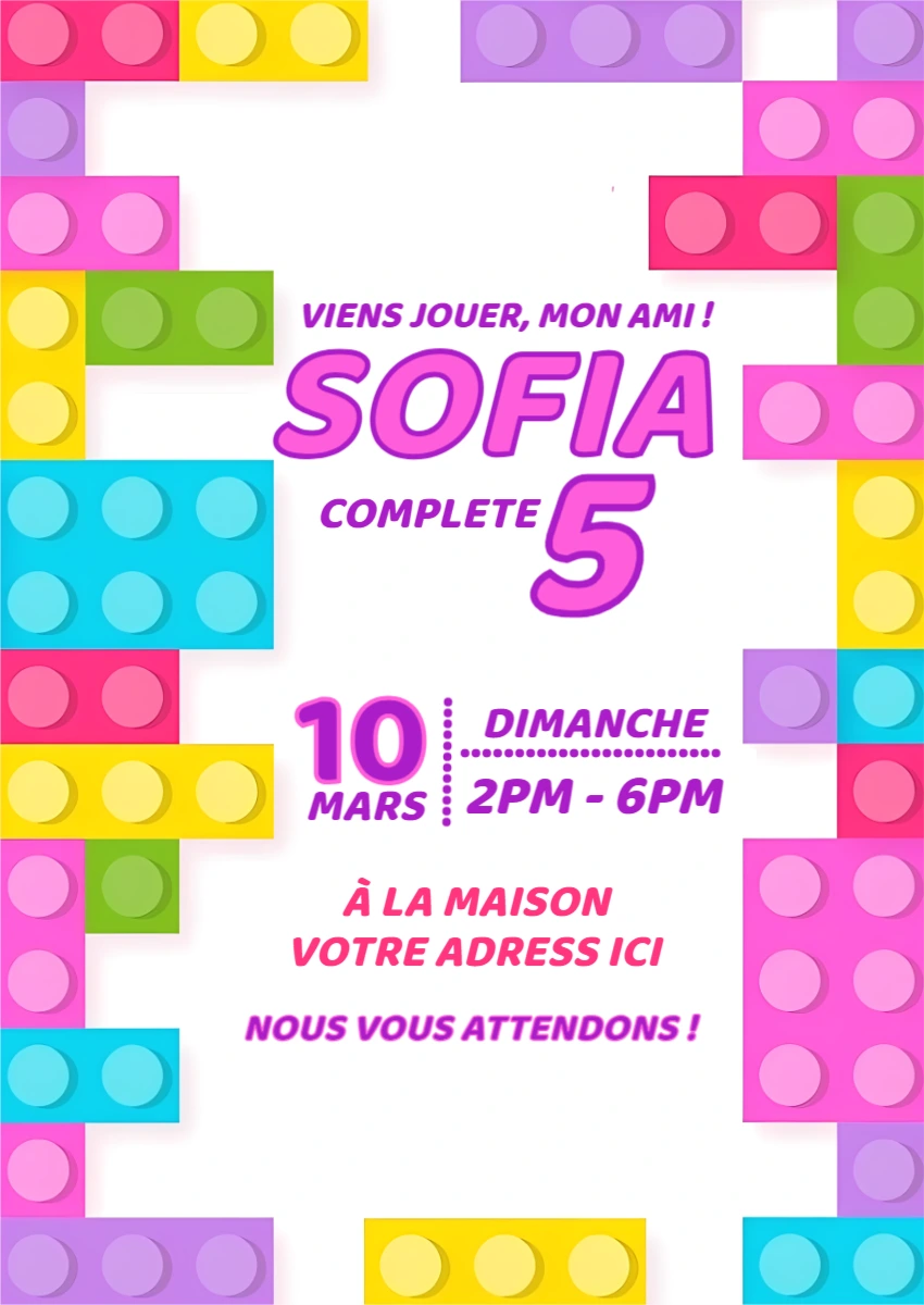 Invitation Anniversaire Lego Blocs Colorés | Modèle à Modifier