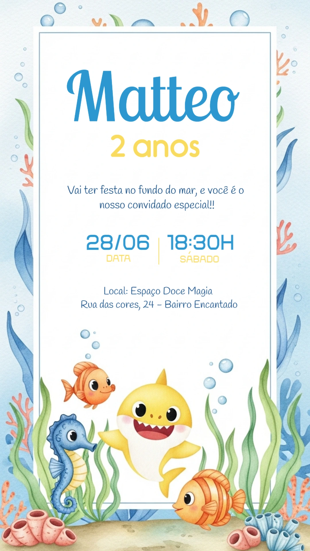 Convite Aniversário Baby Shark Fundo do Mar para Editar Online