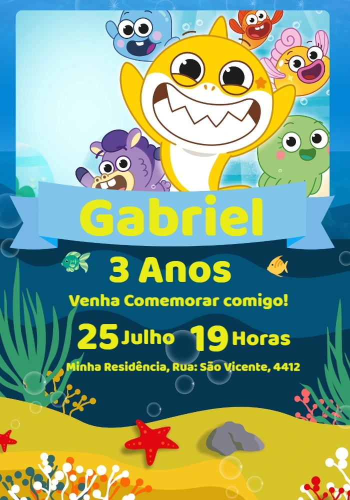 Convite de Aniversário Baby Shark para Editar Online
