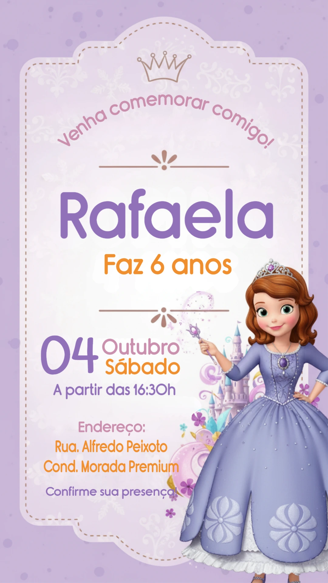 Convite de Aniversário Princesinha Sofia Roxo para Editar