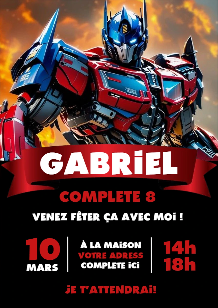 Invitation Anniversaire Transformers Optimus Prime à Modifier