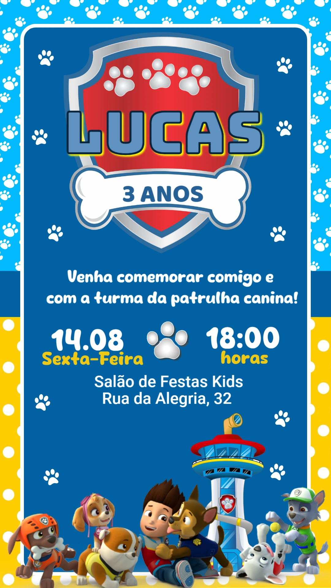 Convite Animado Aniversário Patrulha Canina para Editar
