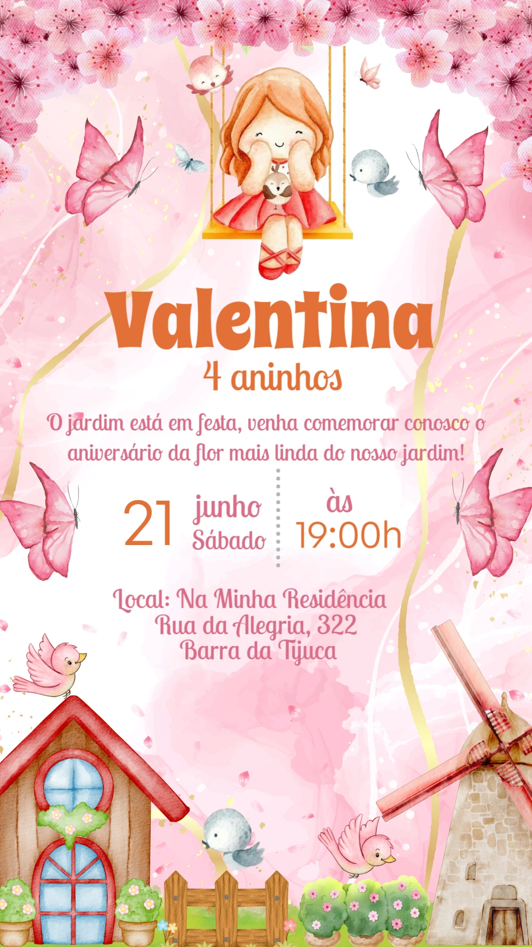 Convite Aniversário Jardim Encantado Menina para Editar Online