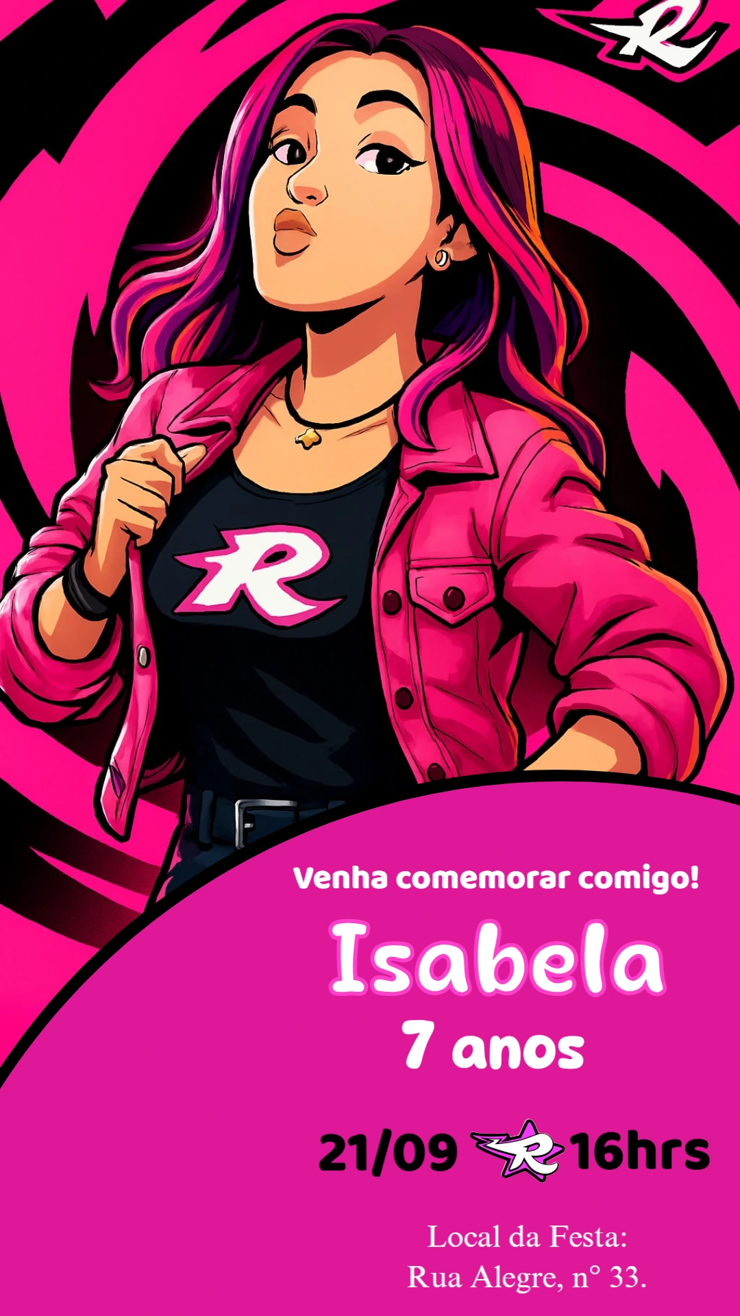 Convite Aniversário Gamer Rosa e Preto para Editar Online