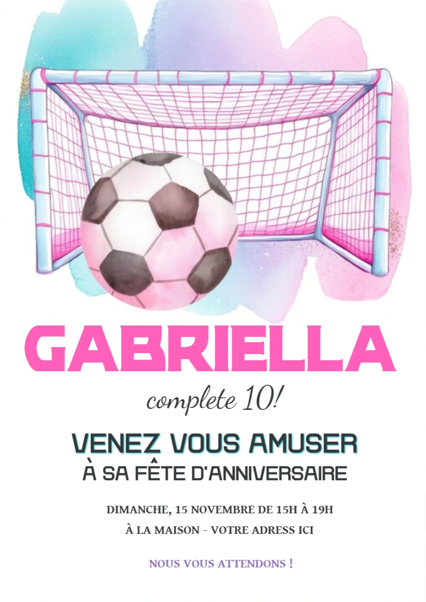 Invitation Anniversaire Foot Fille Aquarelle Rose Modèle à Modifier