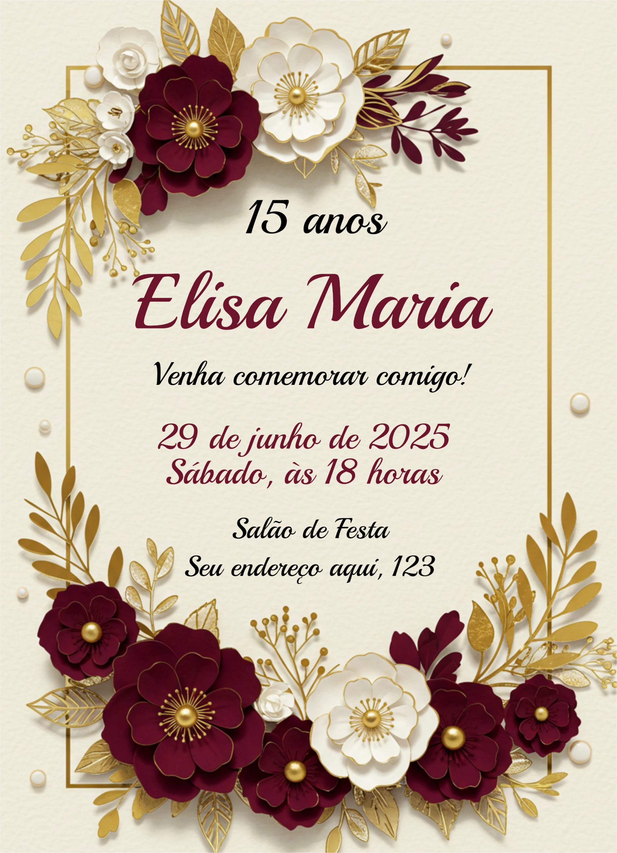 Convite 15 anos Floral Marsala e Dourado para Editar Online