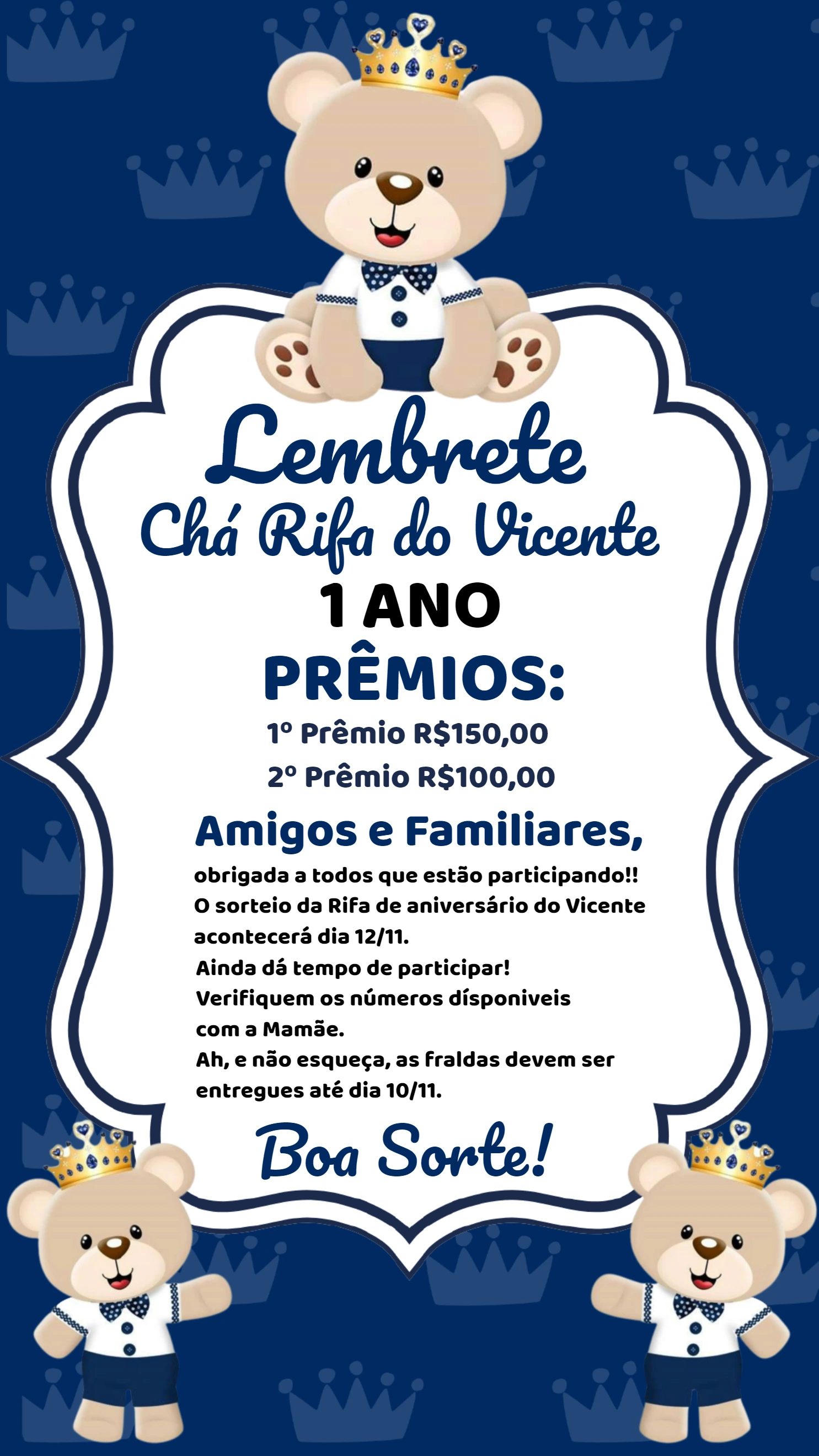 Lembrete de Chá Rifa Ursinho Príncipe para Editar Online