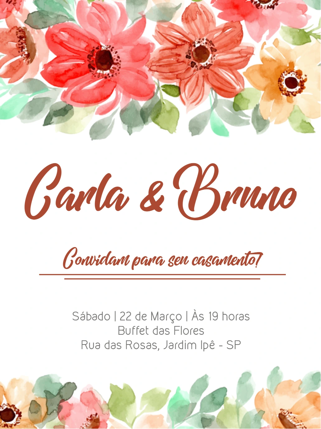 Convite de Casamento Floral com Aquarela para Editar Online