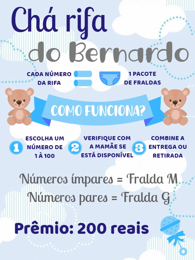 Convite para Chá Rifa Ursinho Azul para Editar Online