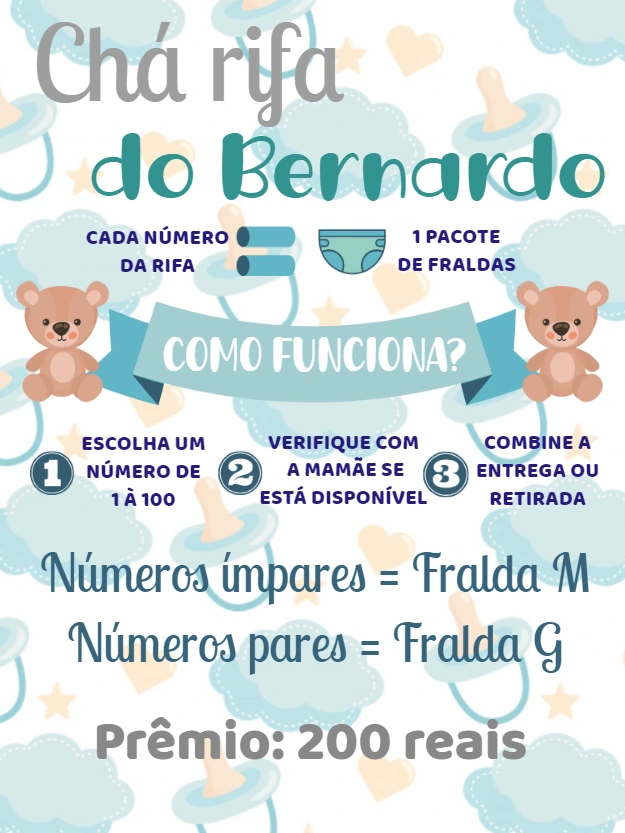 Convite Chá Rifa Ursinho Azul para Editar Online e Imprimir