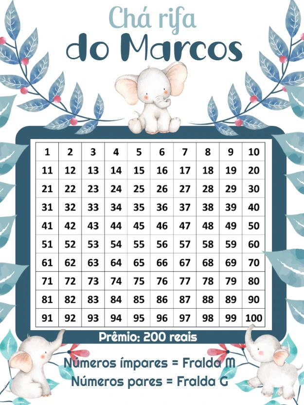 Chá Rifa Elefantinho Azul Editável para Imprimir