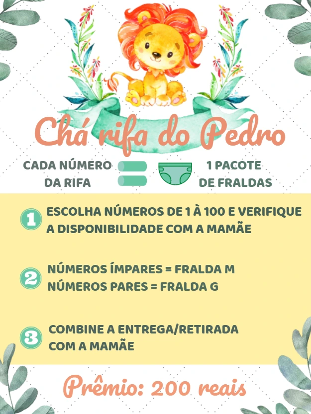 Convite Chá Rifa Leão Aquarela para Editar Online