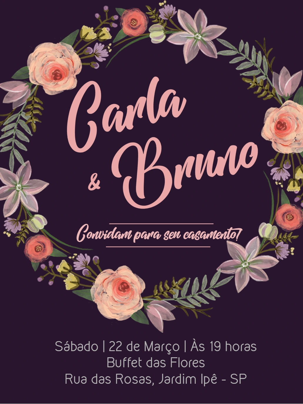 Convite de Casamento Floral com Coroa de Flores para Editar Online