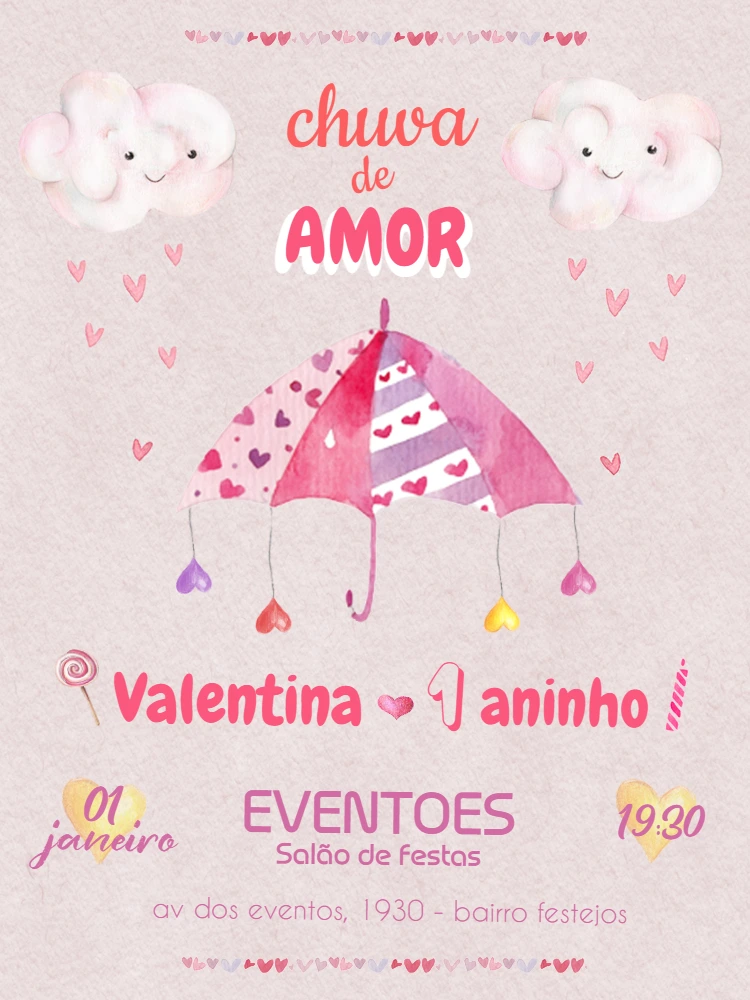 Convite Aniversário Chuva de Amor com Nuvens para Editar Online