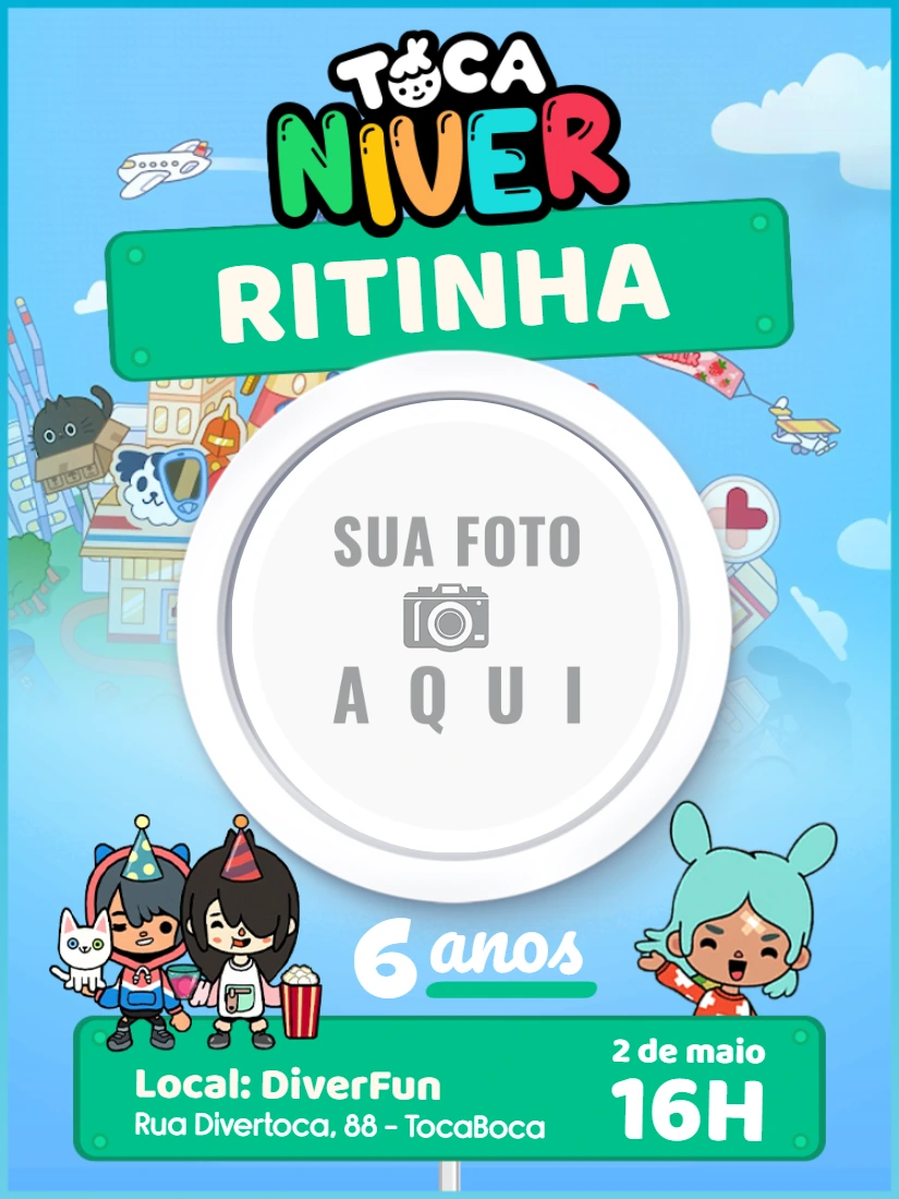 Convite Aniversário Toca Life com Foto para Editar Online