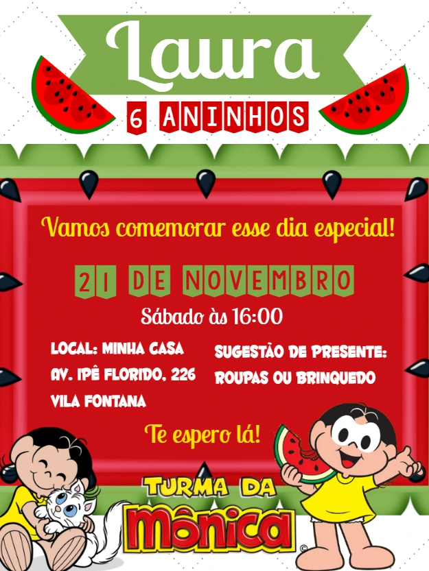 Convite Aniversário Turma da Mônica Melancia para Editar