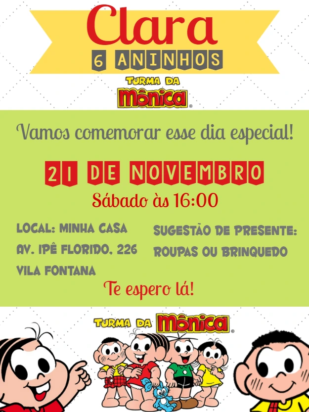 Convite de Aniversário Turma da Mônica para Editar Online