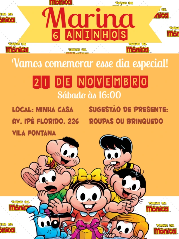 Convite de Aniversário Turma da Mônica para Editar Online