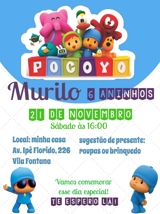 Convite de Aniversário Pocoyo com Personagens para Editar Online