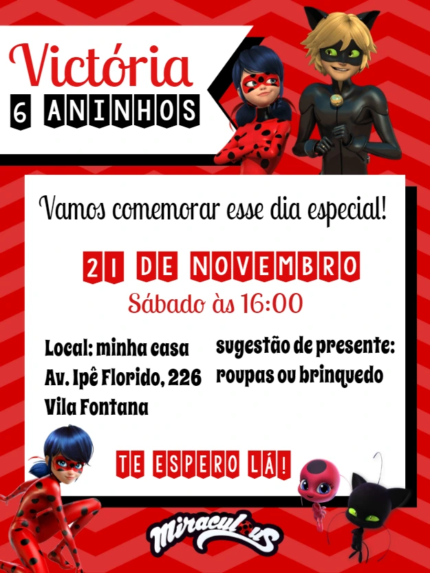 Convite de Aniversário Miraculous Ladybug e Cat Noir para Editar