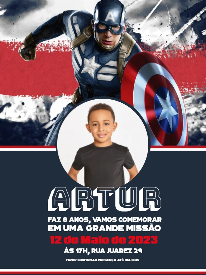 Convite de Aniversário Capitão América com Foto para Editar