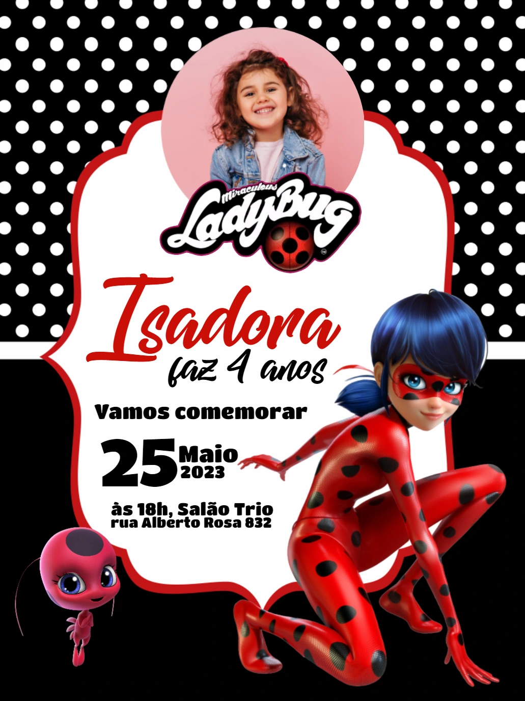 Convite Aniversário Ladybug com Foto para Editar Online