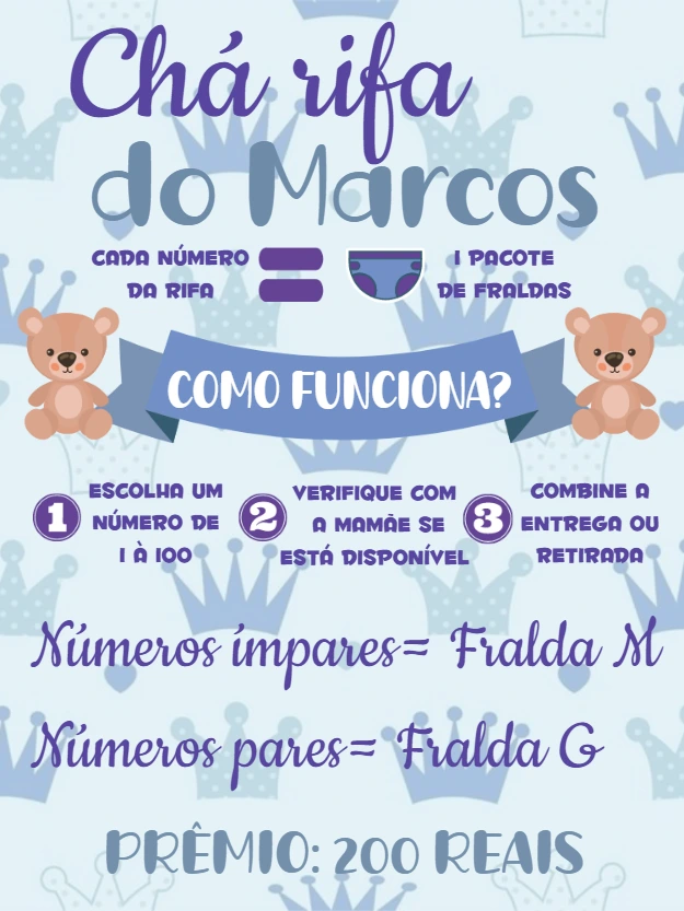 Convite Chá Rifa Ursinho Príncipe Azul para Editar Online