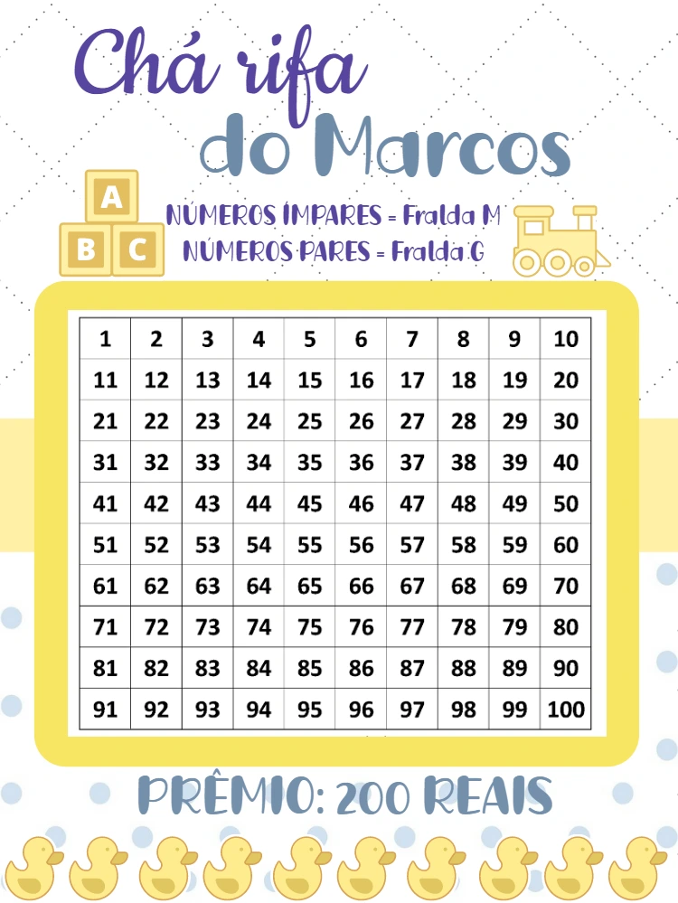 Rifa Chá de Bebê Patinhos com Tabela para Editar Online