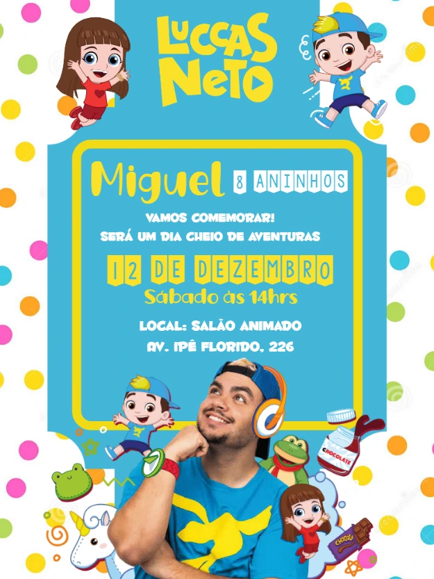 Convite de Aniversário Luccas Neto Bolinhas Coloridas para Editar
