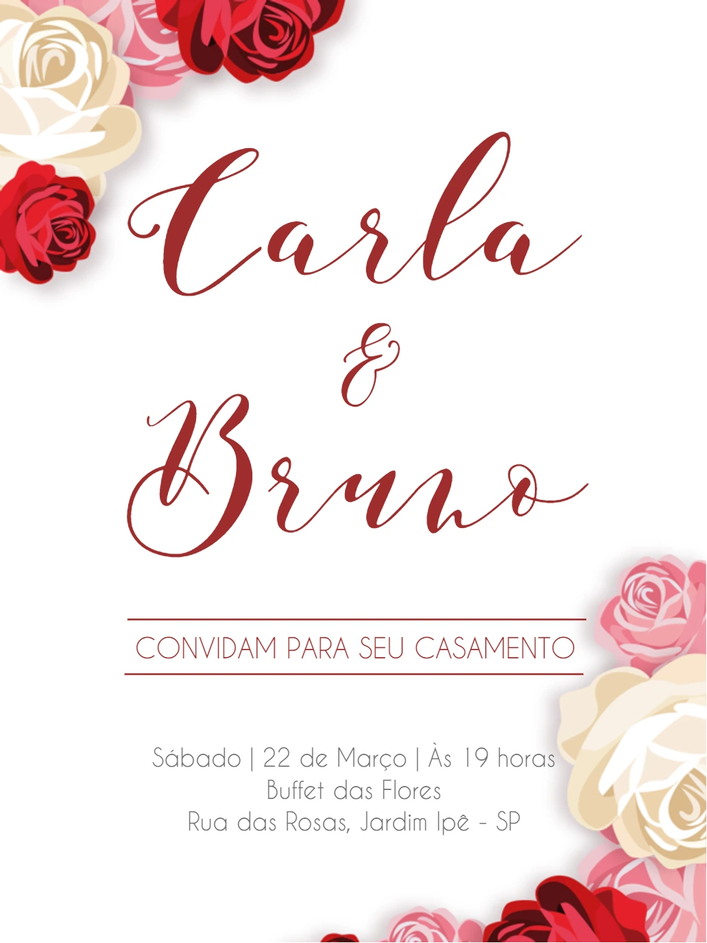 Convite de Casamento Floral com Rosas Vermelhas para Editar