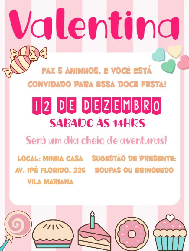 Convite de Aniversário Doceria Editável com Doces e Balas