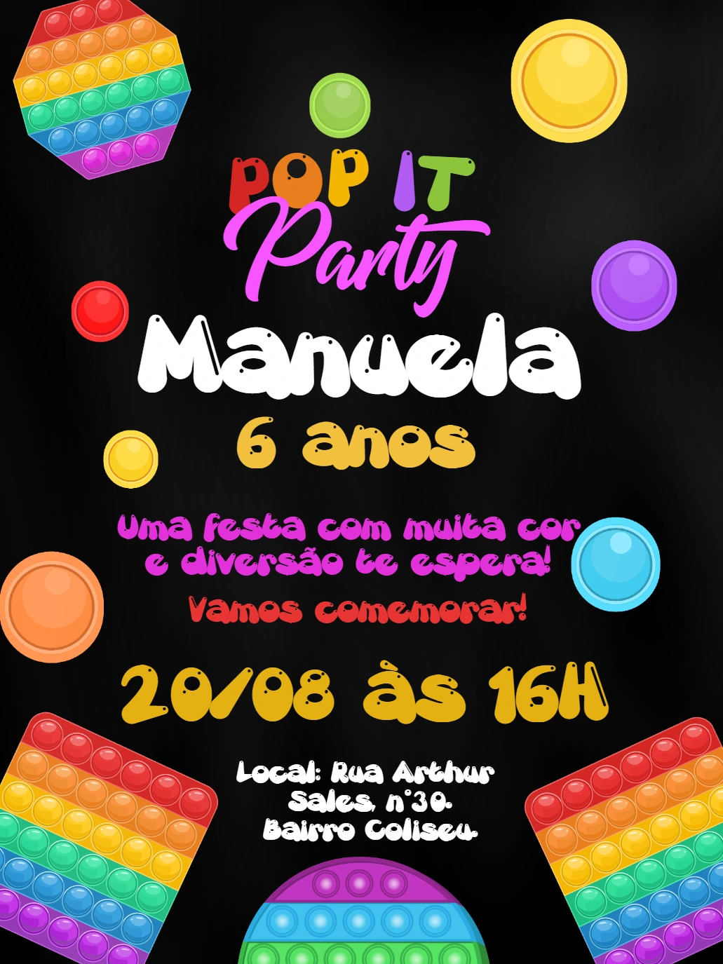 Convite de Aniversário Pop It Colorido para Editar Online