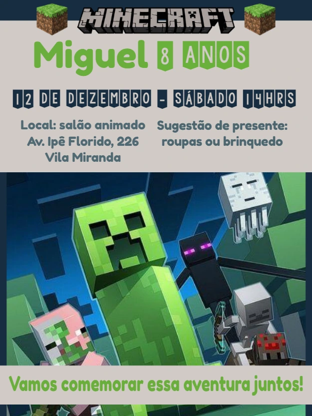Convite de Aniversário Minecraft com Personagens para Editar